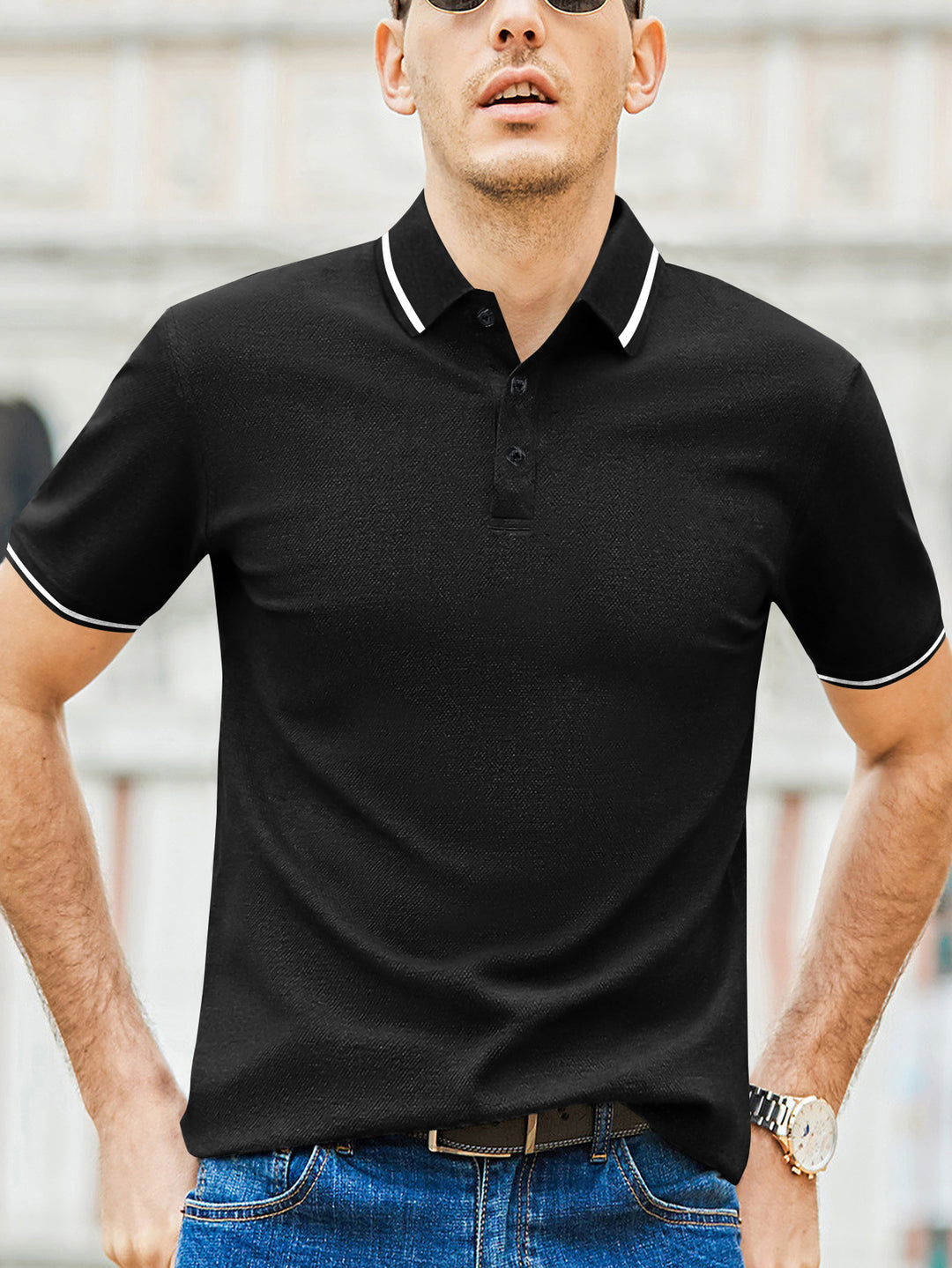 Herrar kortärmad polo med modern bicolor-krage och andningsbart bomullskvalitet Mirla-Eva Jonsson