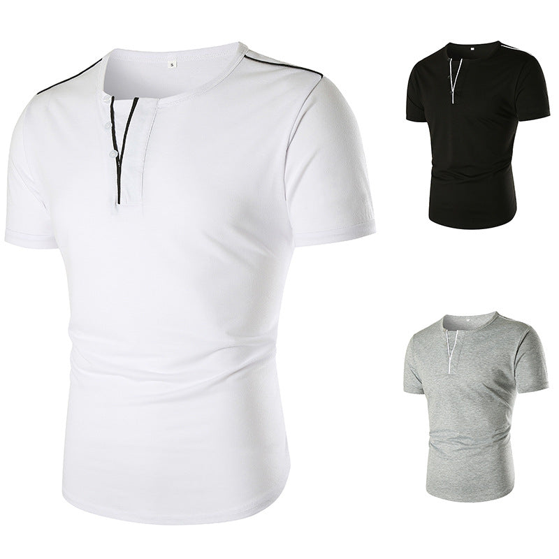 Herrar kortärmad t-shirt med halv knappslå och kontrasterande sömmar Mirla-Eva Jonsson