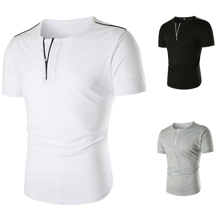 Herrar kortärmad t-shirt med halv knappslå och kontrasterande sömmar Mirla-Eva Jonsson