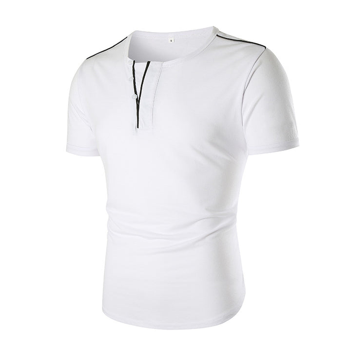 Herrar kortärmad t-shirt med halv knappslå och kontrasterande sömmar Mirla-Eva Jonsson