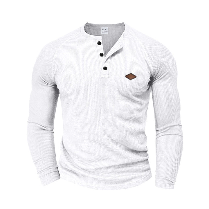 Herrar långärmad Henley-T-shirt med strukturerad väv och modernt knappdesign Eva Jonsson-Eva Jonsson