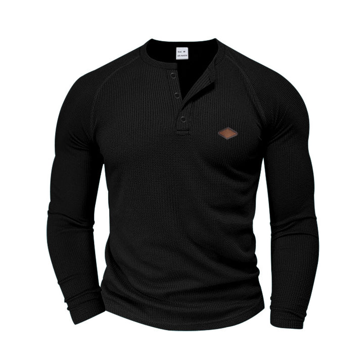 Herrar långärmad Henley-T-shirt med strukturerad väv och modernt knappdesign Eva Jonsson-Eva Jonsson
