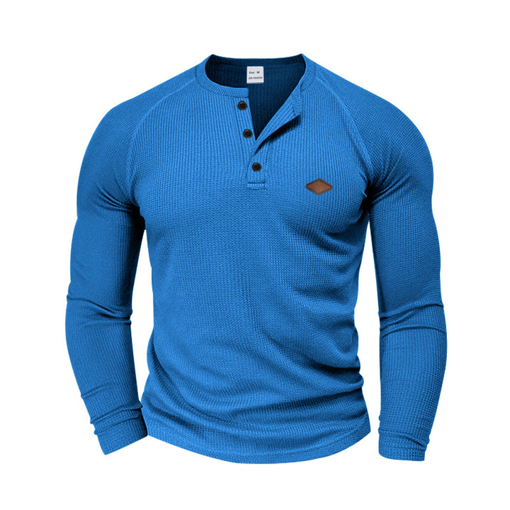 Herrar långärmad Henley-T-shirt med strukturerad väv och modernt knappdesign Eva Jonsson-Eva Jonsson