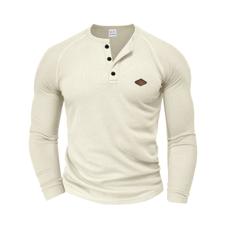 Herrar långärmad Henley-T-shirt med strukturerad väv och modernt knappdesign Eva Jonsson-Eva Jonsson