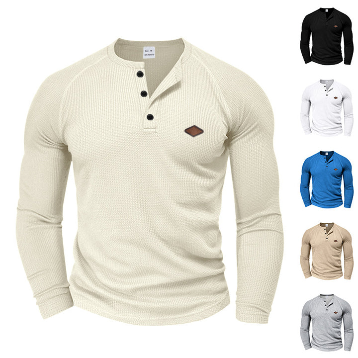 Herrar långärmad Henley-T-shirt med strukturerad väv och modernt knappdesign Eva Jonsson-Eva Jonsson