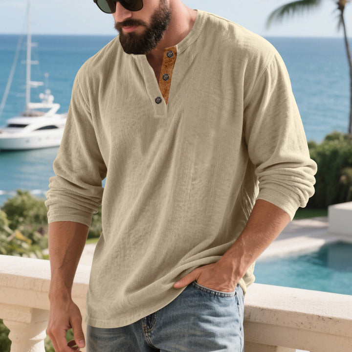 Herrar långärmad Henley-shirt med strukturerat material och trendiga knapppdetaljer Eva Jonsson-Eva Jonsson