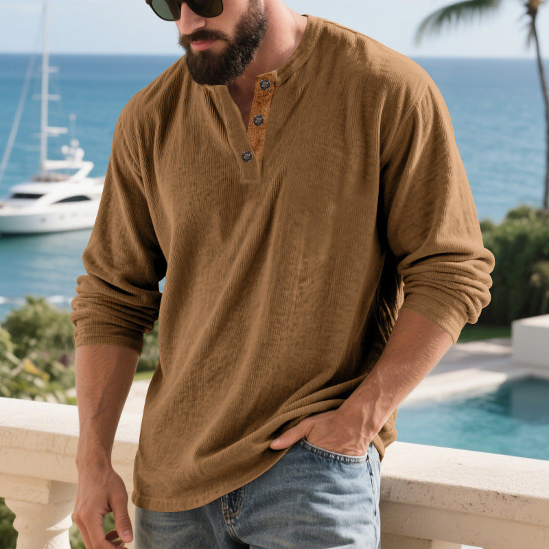 Herrar långärmad Henley-shirt med strukturerat material och trendiga knapppdetaljer Eva Jonsson-Eva Jonsson