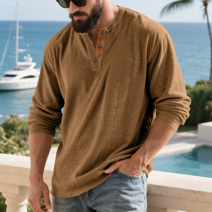 Herrar långärmad Henley-shirt med strukturerat material och trendiga knapppdetaljer Eva Jonsson-Eva Jonsson