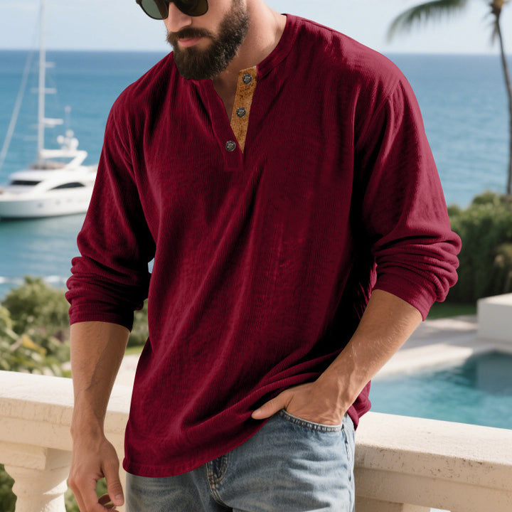 Herrar långärmad Henley-shirt med strukturerat material och trendiga knapppdetaljer Eva Jonsson-Eva Jonsson