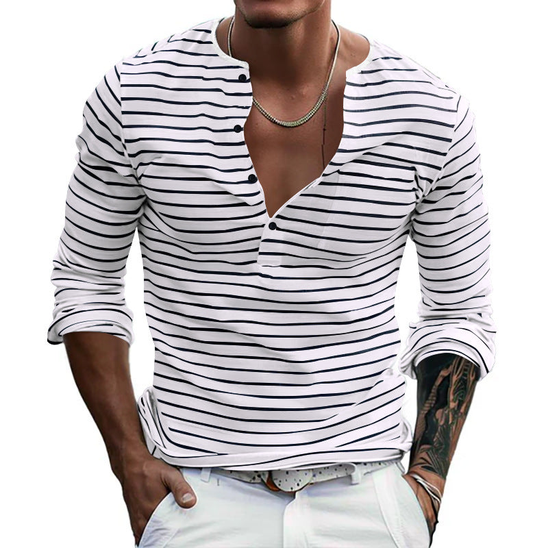 Herrar långärmad Henley-shirt med trendiga ränder och praktiska knappar Eva Jonsson-Eva Jonsson