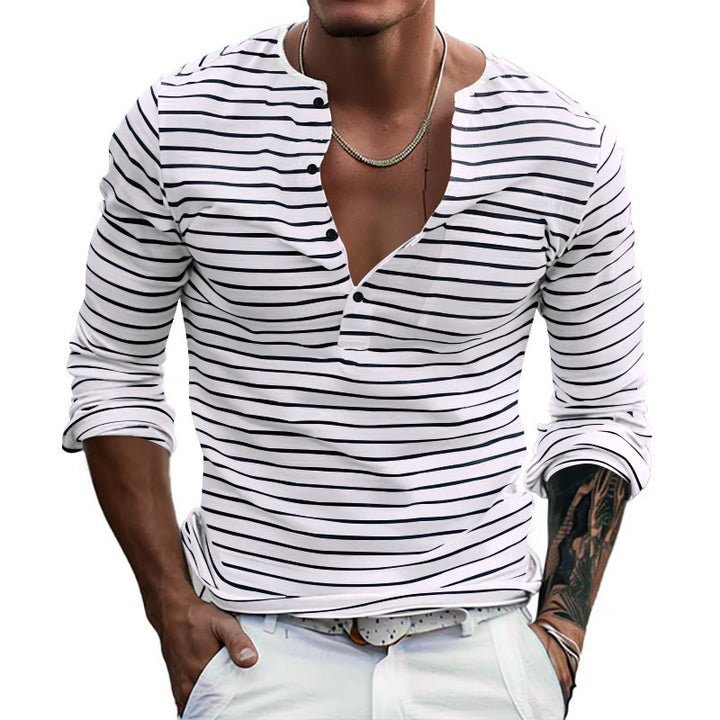Herrar långärmad Henley-shirt med trendiga ränder och praktiska knappar Eva Jonsson-Eva Jonsson