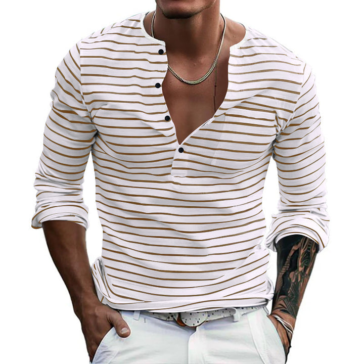 Herrar långärmad Henley-shirt med trendiga ränder och praktiska knappar Eva Jonsson-Eva Jonsson