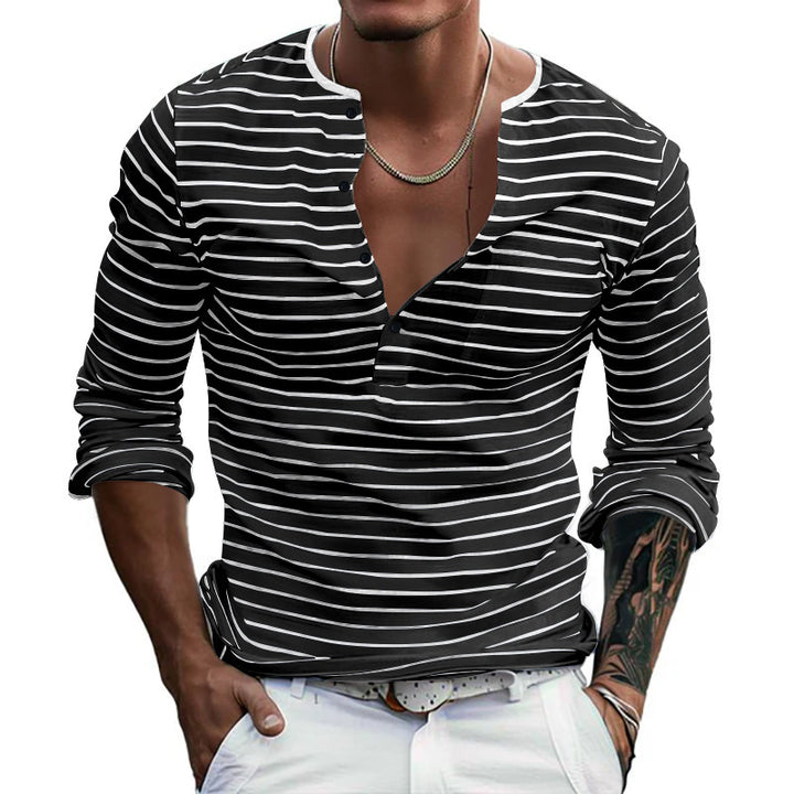 Herrar långärmad Henley-shirt med trendiga ränder och praktiska knappar Eva Jonsson-Eva Jonsson