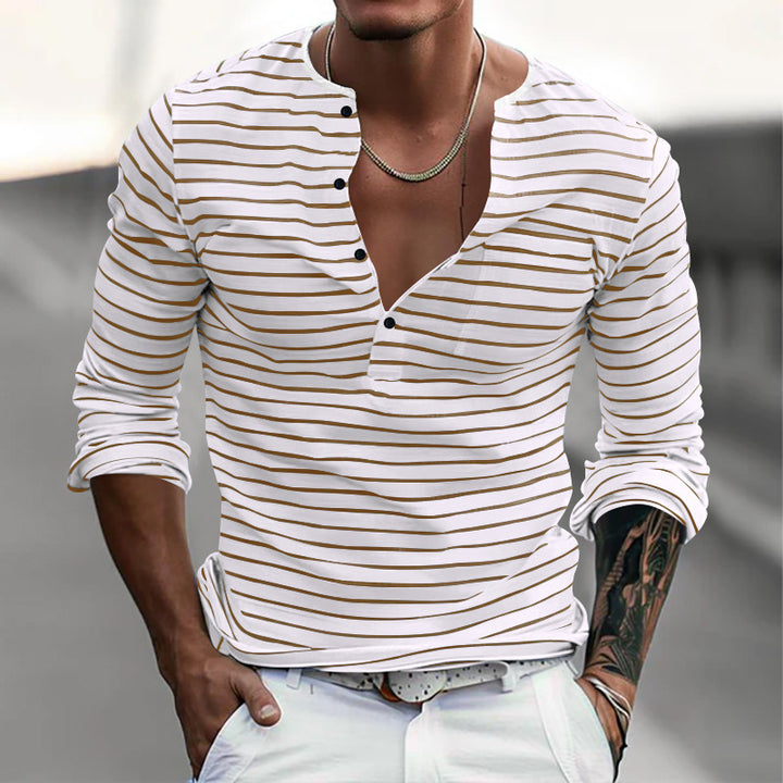 Herrar långärmad Henley-shirt med trendiga ränder och praktiska knappar Eva Jonsson-Eva Jonsson
