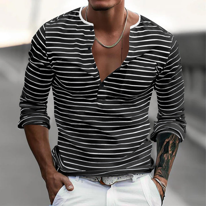 Herrar långärmad Henley-shirt med trendiga ränder och praktiska knappar Eva Jonsson-Eva Jonsson