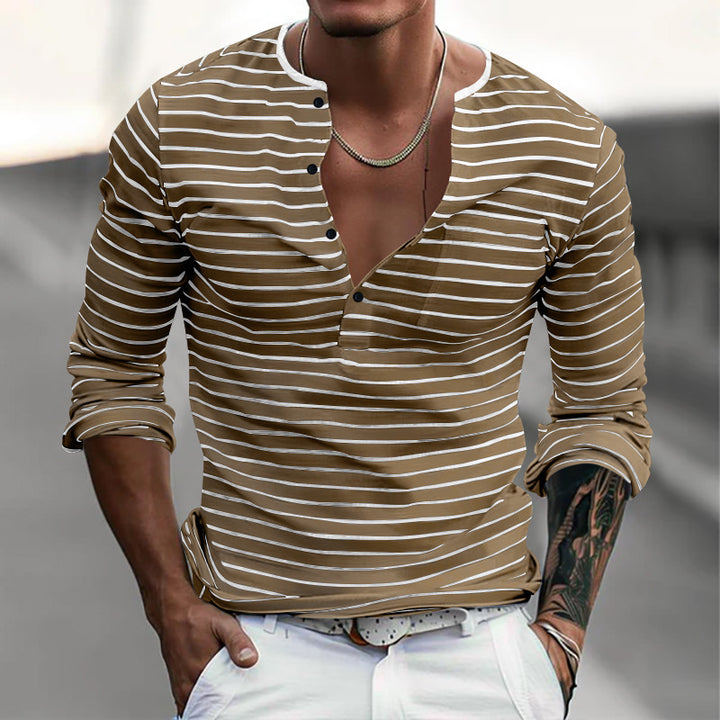 Herrar långärmad Henley-shirt med trendiga ränder och praktiska knappar Eva Jonsson-Eva Jonsson