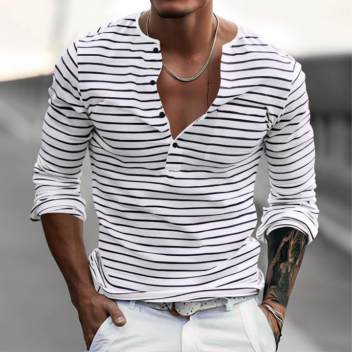 Herrar långärmad Henley-shirt med trendiga ränder och praktiska knappar Eva Jonsson-Eva Jonsson