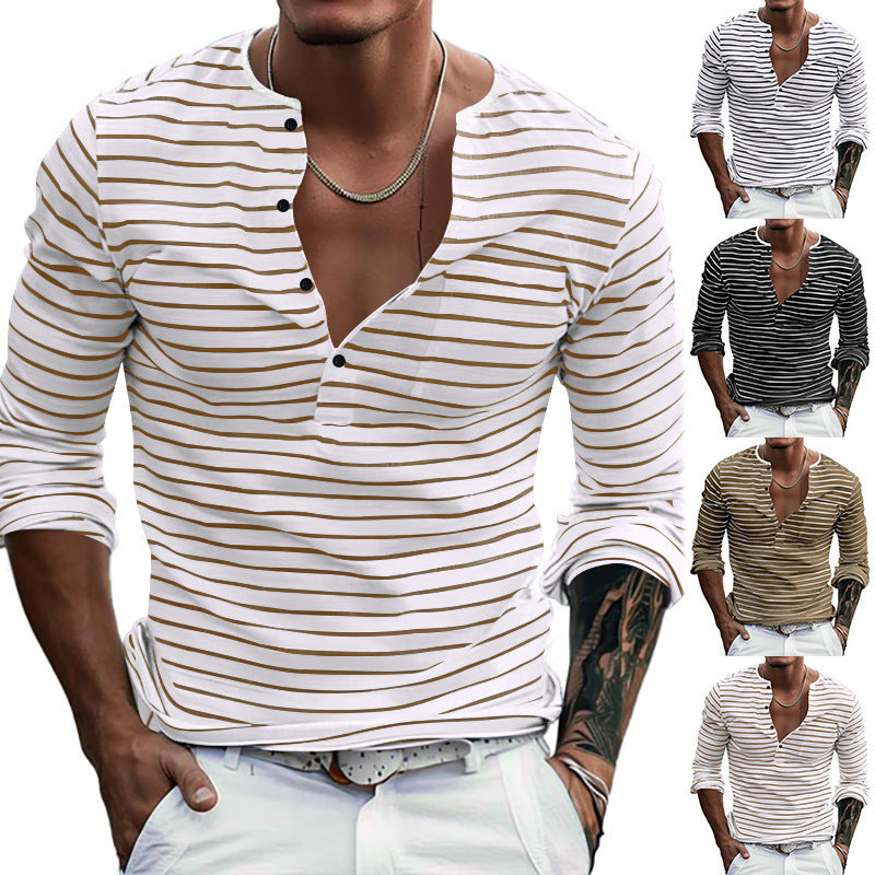 Herrar långärmad Henley-shirt med trendiga ränder och praktiska knappar Eva Jonsson-Eva Jonsson