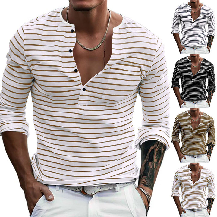 Herrar långärmad Henley-shirt med trendiga ränder och praktiska knappar Eva Jonsson-Eva Jonsson