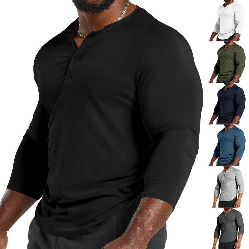 Herrar långärmad Henley-t-shirt av andningsbart bomullsmix med knapppdetaljer Eva Jonsson-Eva Jonsson