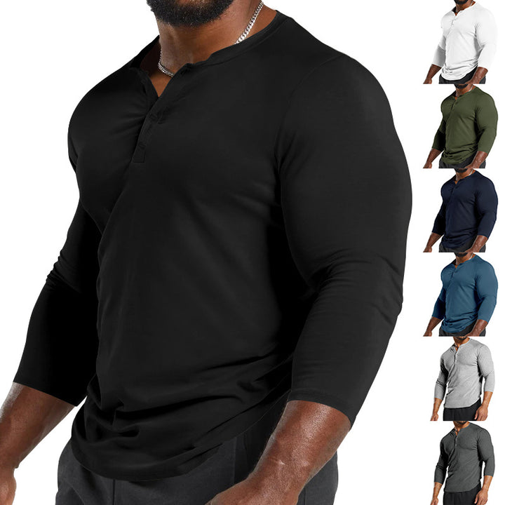 Herrar långärmad Henley-t-shirt av andningsbart bomullsmix med knapppdetaljer Eva Jonsson-Eva Jonsson