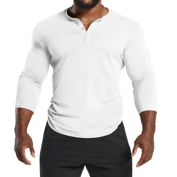 Herrar långärmad Henley-t-shirt av andningsbart bomullsmix med knapppdetaljer Mirla-Eva Jonsson