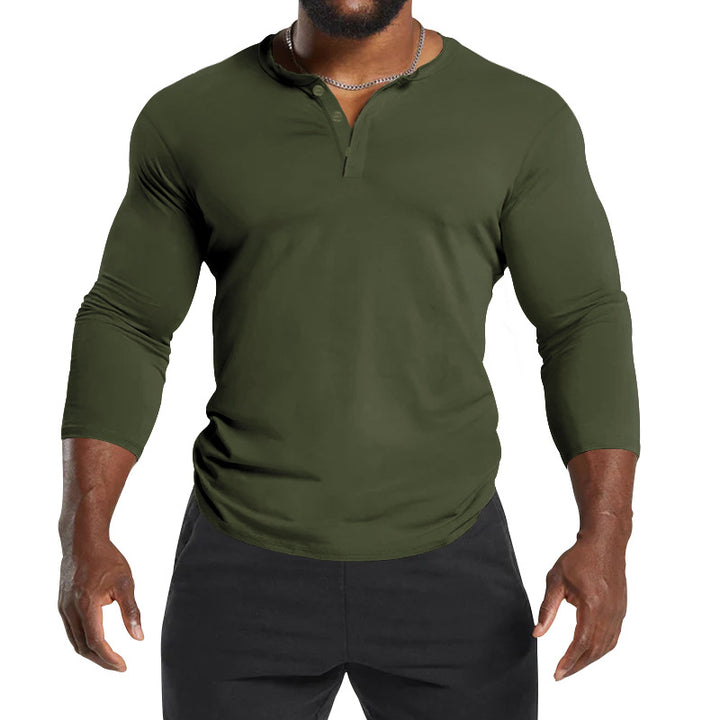 Herrar långärmad Henley-t-shirt av andningsbart bomullsmix med knapppdetaljer Mirla-Eva Jonsson