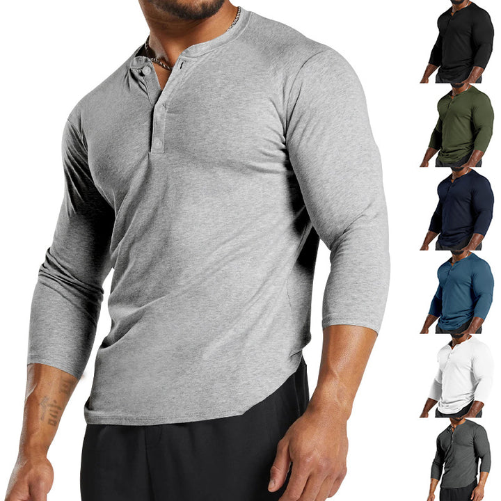 Herrar långärmad Henley-t-shirt av andningsbart bomullsmix med knapppdetaljer Mirla-Eva Jonsson