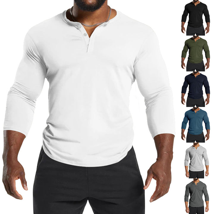 Herrar långärmad Henley-t-shirt av andningsbart bomullsmix med knapppdetaljer Mirla-Eva Jonsson