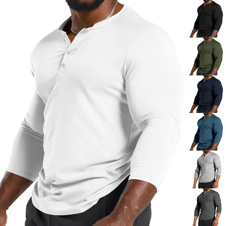 Herrar långärmad Henley-t-shirt av andningsbart bomullsmix med knapppdetaljer Mirla-Eva Jonsson