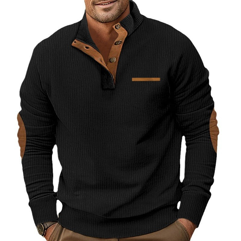 Herrar mode sweatshirt med kontrasterande knappar och armbågsbesättningar Mirla-Eva Jonsson