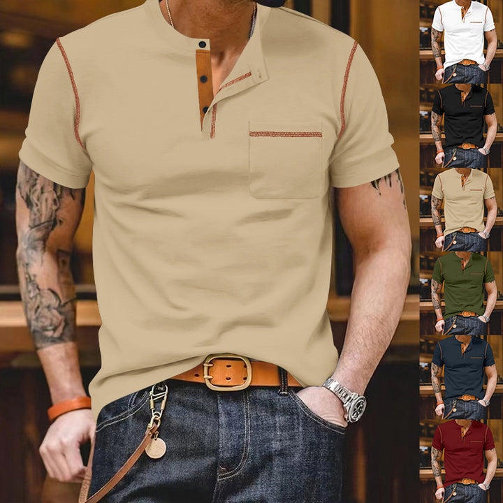 Herrar moderiktig kortärmad Henley-shirt med kontrasterande accenter och praktisk bröstficka Mirla-Eva Jonsson