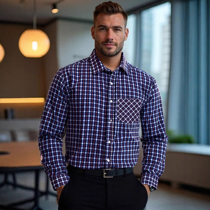 Herrar rutigt långärmat skjorta med stiligt bröstfickdesign Mirla-Eva Jonsson