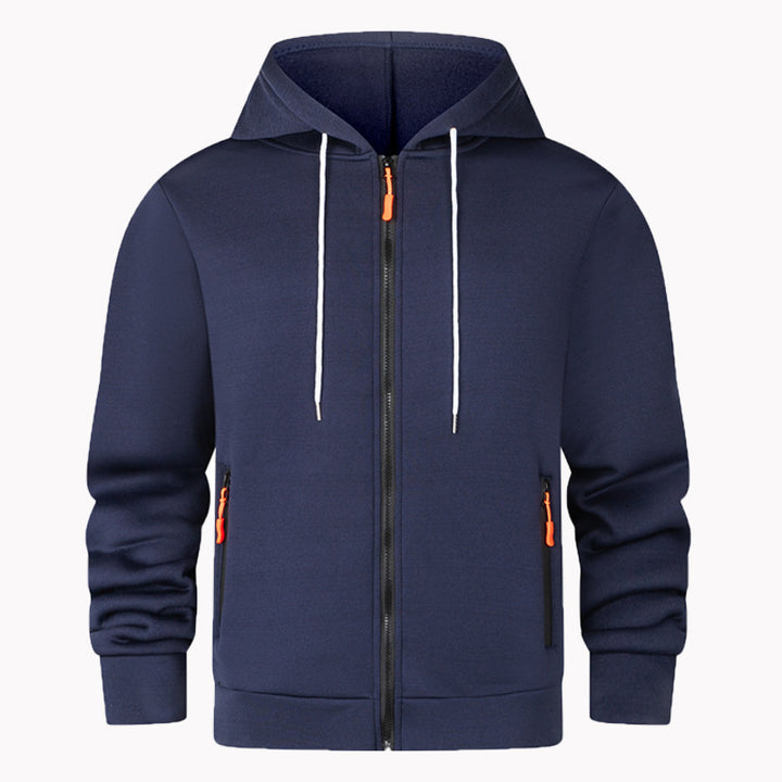 Herrar sportig fleece-hoodie med funktionella dragkedjefickor Mirla-Eva Jonsson