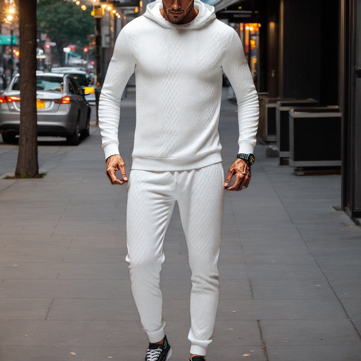 Herrar stickad fritidsdräkt med huva och modern ribbdesign Mirla-Eva Jonsson
