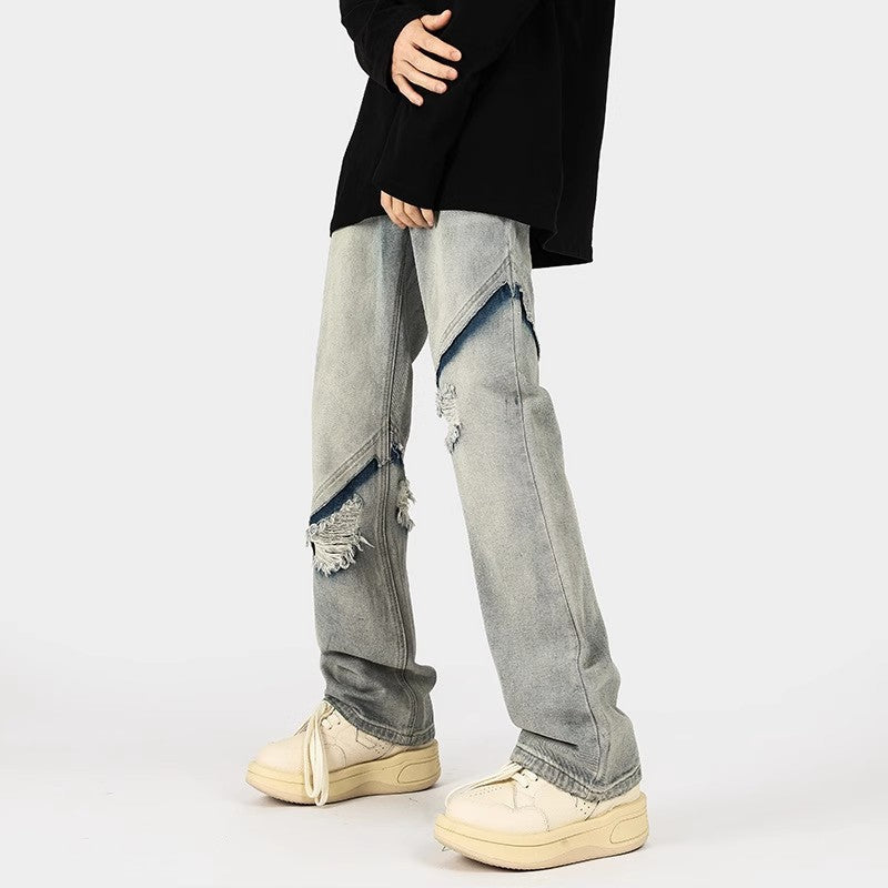 Herrar trendiga Ripped Denim-byxor i avslappnad passform med asymmetrisk design Mirla-Eva Jonsson