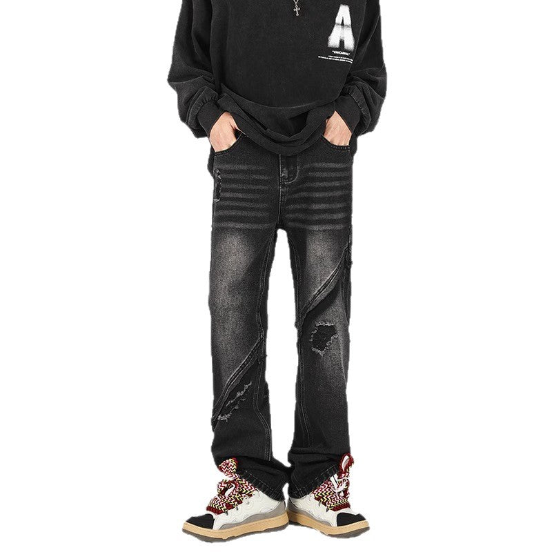 Herrar trendiga Ripped Denim-byxor i avslappnad passform med asymmetrisk design Mirla-Eva Jonsson