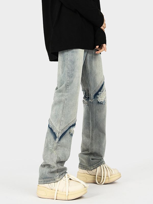 Herrar trendiga Ripped Denim-byxor i avslappnad passform med asymmetrisk design Mirla-Eva Jonsson