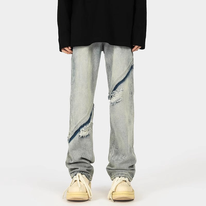 Herrar trendiga Ripped Denim-byxor i avslappnad passform med asymmetrisk design Mirla-Eva Jonsson