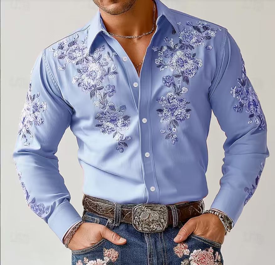 Herrarnas Eleganta Långärmad Skjorta med Floral Broderi Mirla-Eva Jonsson
