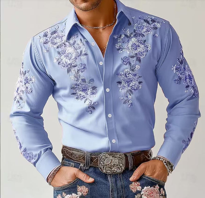 Herrarnas Eleganta Långärmad Skjorta med Floral Broderi Mirla-Eva Jonsson