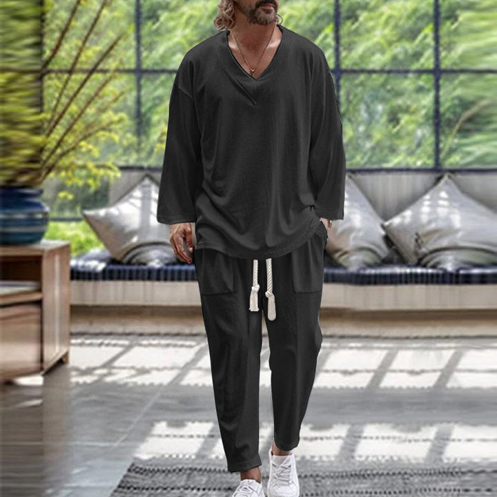 Herrarnas avslappnade sommar-loungewear-set med V-hals och elastisk midja Mirla-Eva Jonsson
