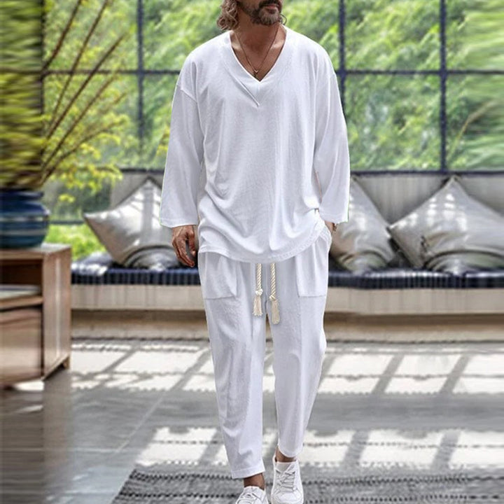 Herrarnas avslappnade sommar-loungewear-set med V-hals och elastisk midja Mirla-Eva Jonsson
