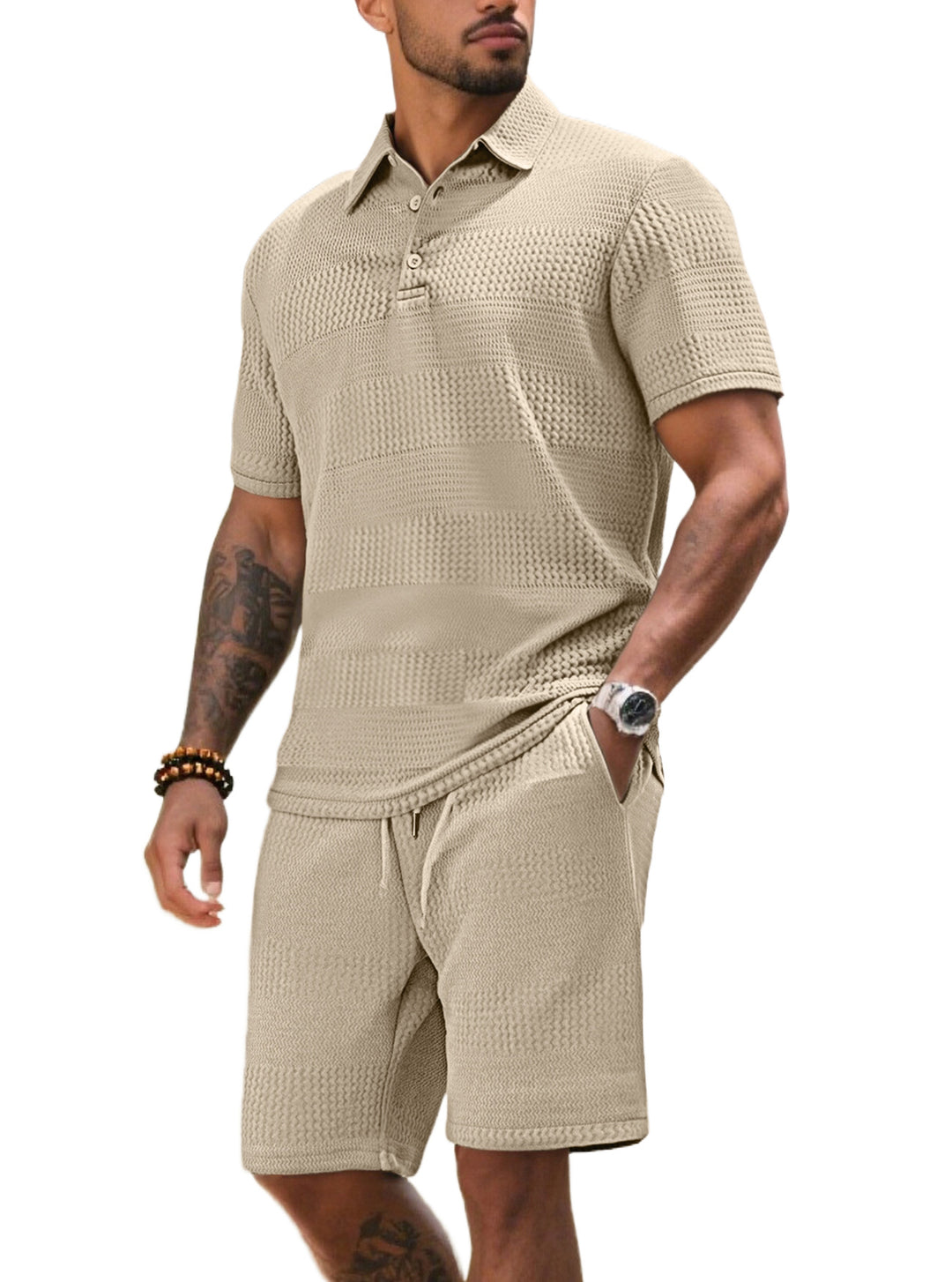 Herrarnas fritidsdräkt med strukturerad polotröja och shorts Eva Jonsson-Eva Jonsson