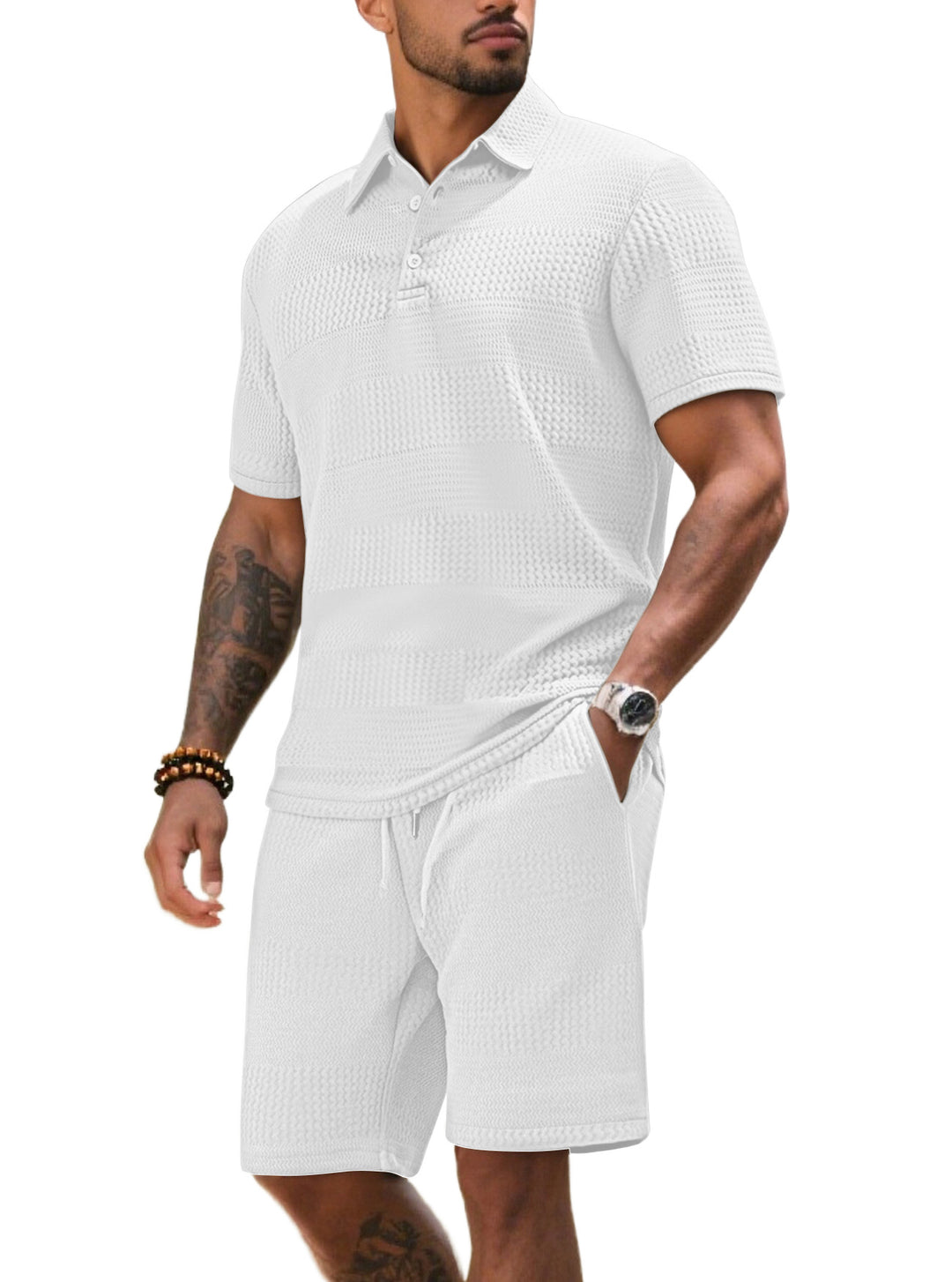 Herrarnas fritidsdräkt med strukturerad polotröja och shorts Eva Jonsson-Eva Jonsson