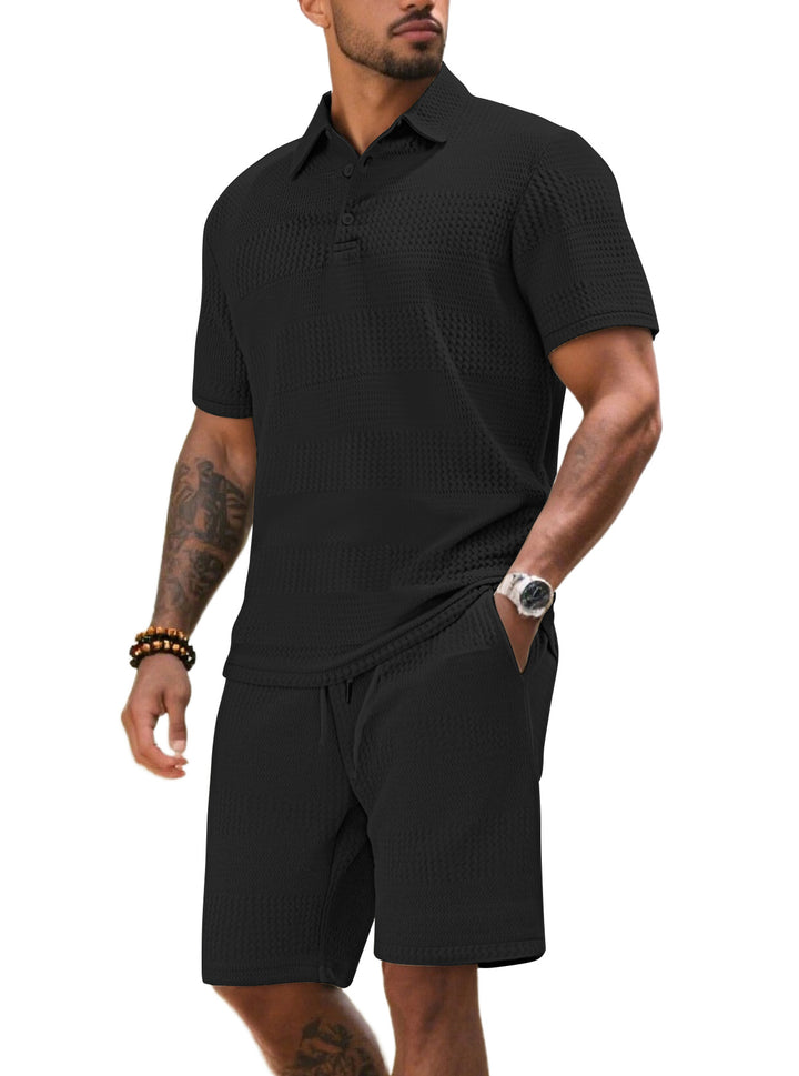 Herrarnas fritidsdräkt med strukturerad polotröja och shorts Eva Jonsson-Eva Jonsson