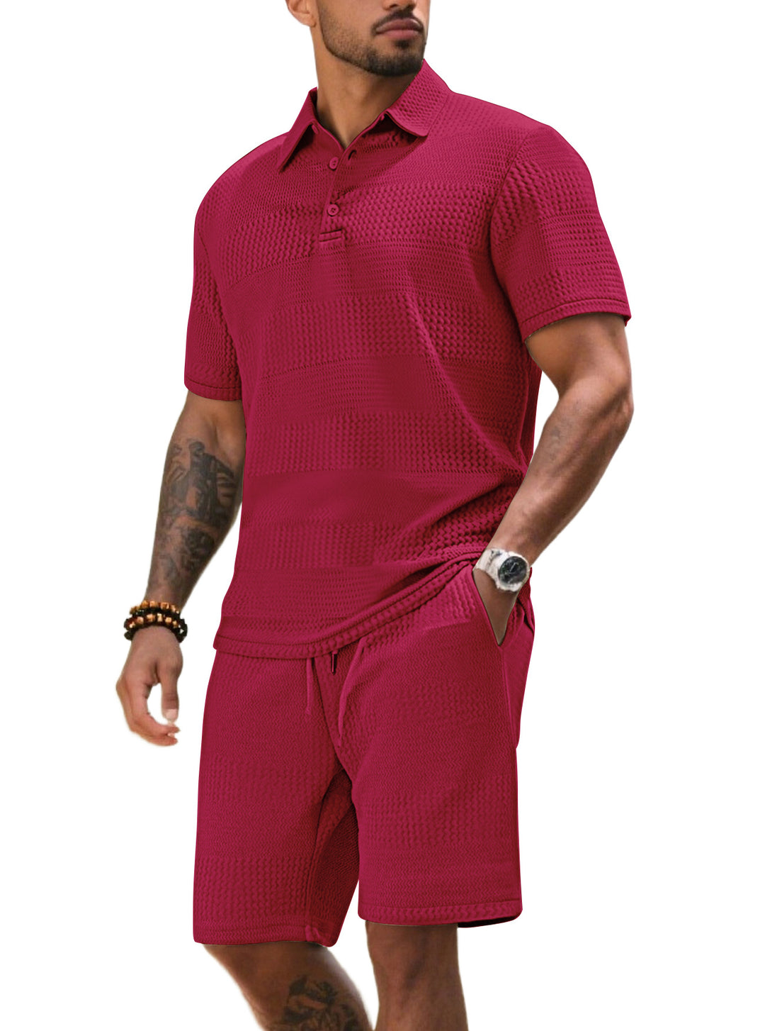 Herrarnas fritidsdräkt med strukturerad polotröja och shorts Eva Jonsson-Eva Jonsson