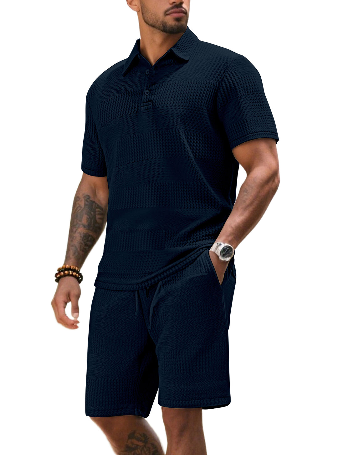 Herrarnas fritidsdräkt med strukturerad polotröja och shorts Eva Jonsson-Eva Jonsson