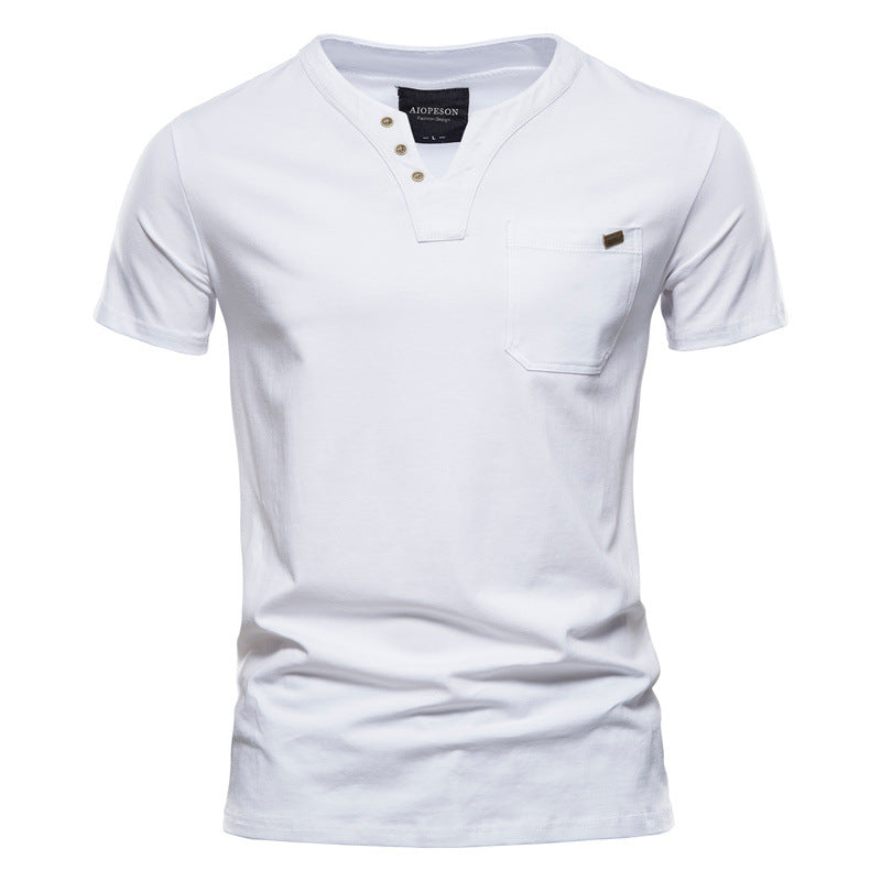 Herrarnas kortärmad skjorta med modern Henley-krage och bröstficka Mirla-Eva Jonsson