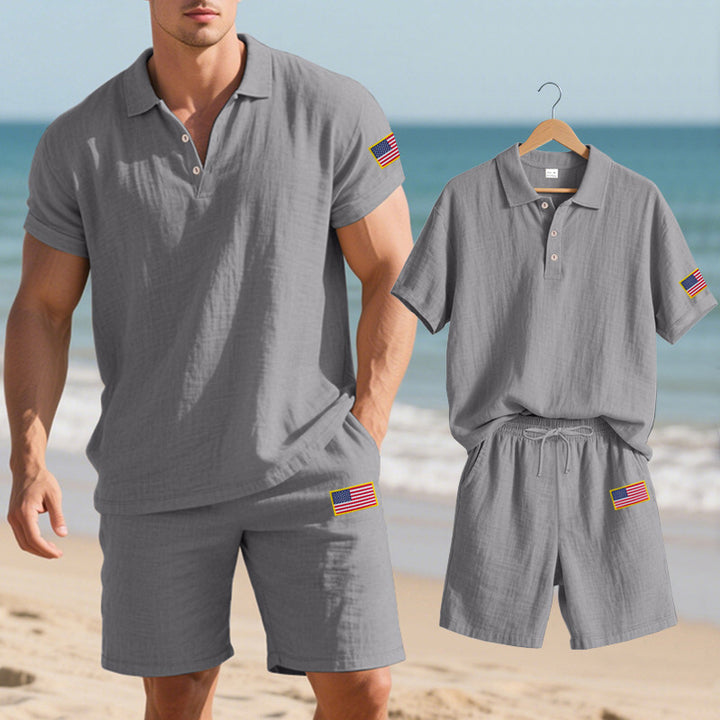Herrarnas polo- och shorts-set med broderad nationsflagga-motiv Mirla-Eva Jonsson